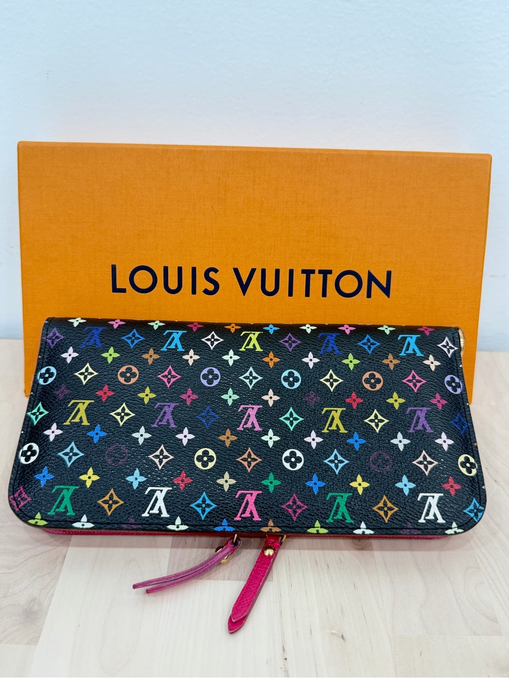 Louis Vuitton Black Multicolor Monogram Zip Wallet with Pink Accents
